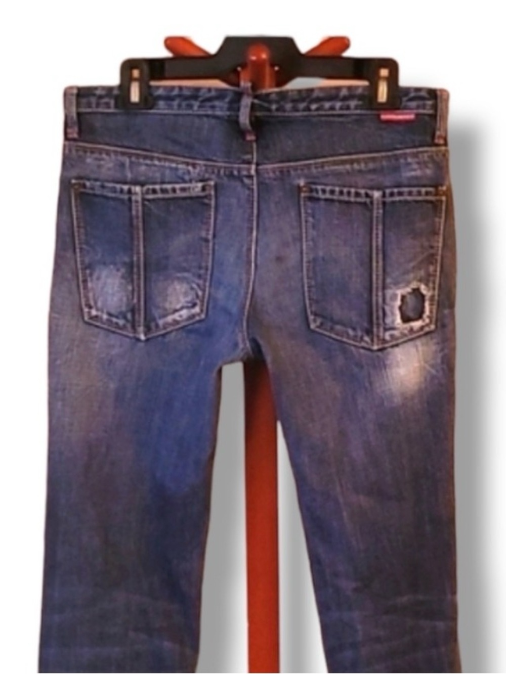 DSQUARED Men's Straight Jeans in Distressed Blue with Red Accent